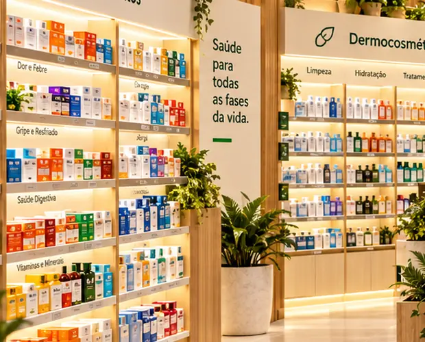 Prateleiras com diferentes produtos de farmácia