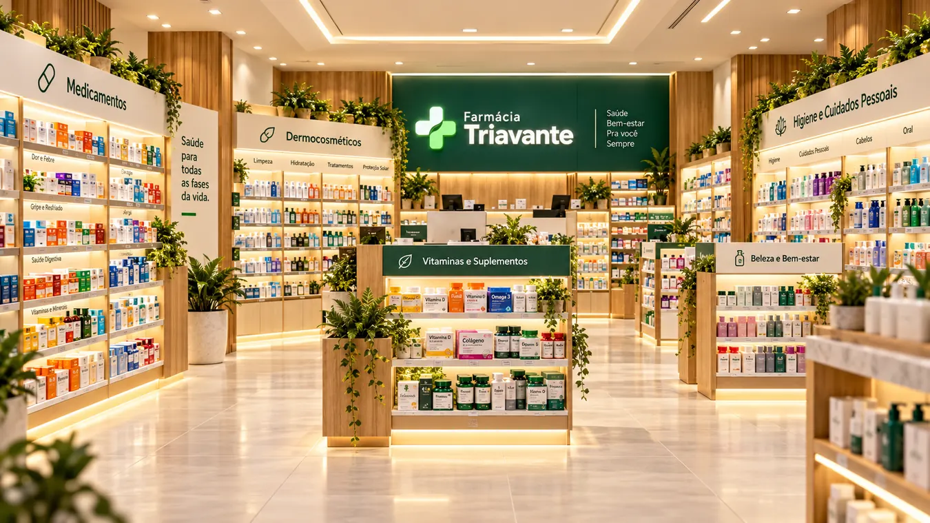 Ambiente interno contemporâneo da Farmácia Triavante, conceito ilustrativo